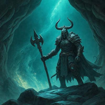 The primary subject of the image is a man dressed in a suit of armor, holding a large spear. He is standing in a cave, with a blue background and a rocky surface. The visual style of the image is digital art, and the colors and mood are dark and dramatic.